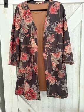 Suede texture Floral Open Front Longline Cardigan/Jacket - Brown & Coral